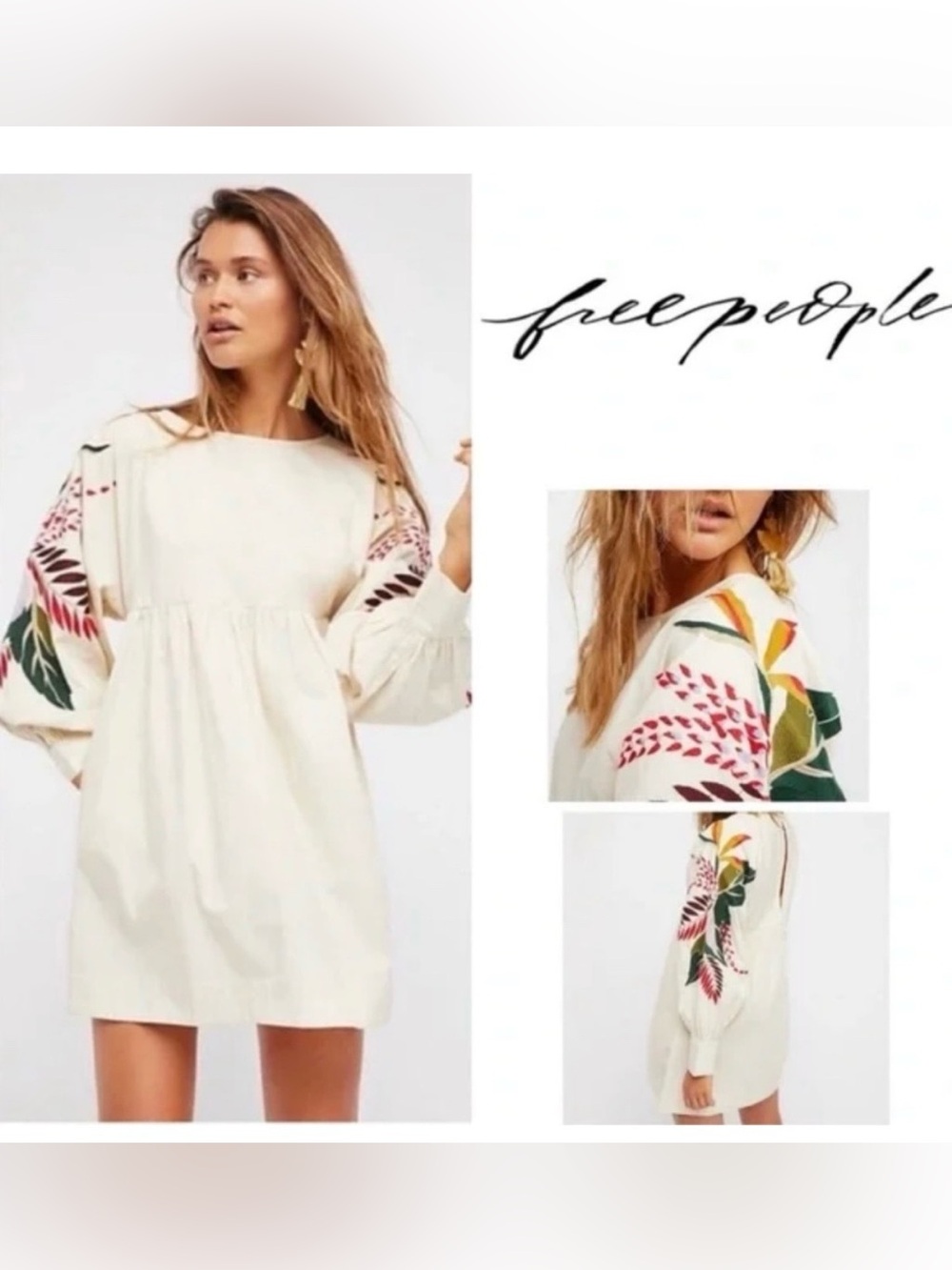 Free People NWT Obesessions Cream Mini Dress with Multicolor Floral Embroidery